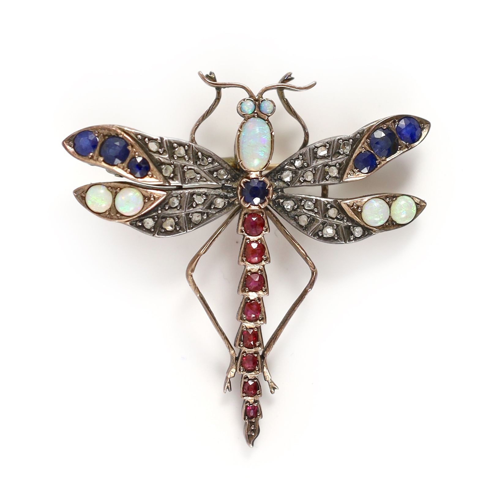 A Victorian gold and silver, opal, sapphire, ruby and diamond set dragonfly brooch